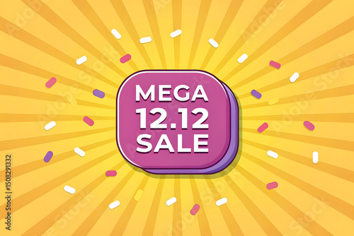 Eye catching mega 12 12 sale promotion design with a vibrant yellow sunburst background and colorful confetti perfect for online shopping and seasonal discount campaigns