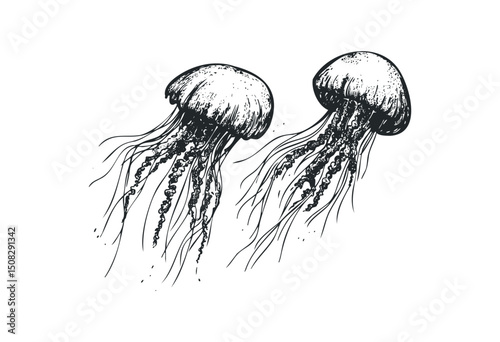 Detailed pen illustration of two jellyfish swimming gracefully. Vector retro hand drawn illustration