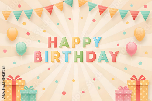 Festive Happy Birthday Illustration with Colorful Balloons Bunting Flags and Gift Boxes on a Cream Background with Ray Burst Perfect for Birthday Cards and Party Invitations