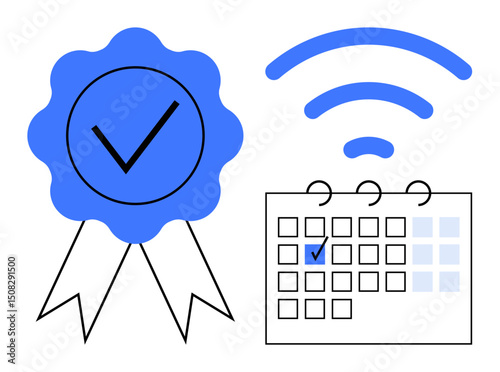 Blue badge with a checkmark, calendar with a marked date, and wireless signal indicating achievement, scheduling, and connectivity. Ideal for success, online certification, planning, punctuality