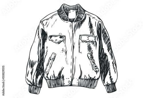 Hand-drawn bomber jacket sketch with detailed stitching and pockets. Vector retro hand drawn illustration