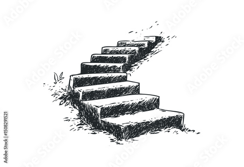 Sketch of curved stone steps with grass details. Vector retro hand drawn illustration