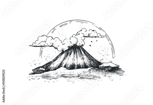 Vintage style sketch of volcano with erupting smoke and rocks. Vector retro hand drawn illustration