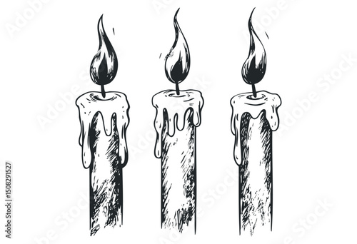 Hand-drawn candles trio with melting wax and flames illustration. Vector retro hand drawn illustration