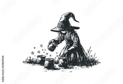 Female witch preparing magical potions with cauldrons and stars. Vector retro hand drawn illustration