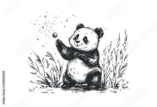 Playful panda cub sitting in grass with floating sparkle. Vector retro hand drawn illustration