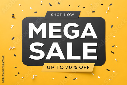 Bold Mega Sale Promotion with Up to 70 Percent Off on a Yellow Background with Confetti Perfect for Advertising and Marketing Campaigns to Attract Customers