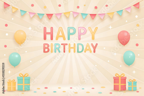 Festive Birthday Celebration Background with Balloons Gifts and Bunting featuring a soft pastel color palette and a cheerful atmosphere suitable for birthday invitations and party decorations