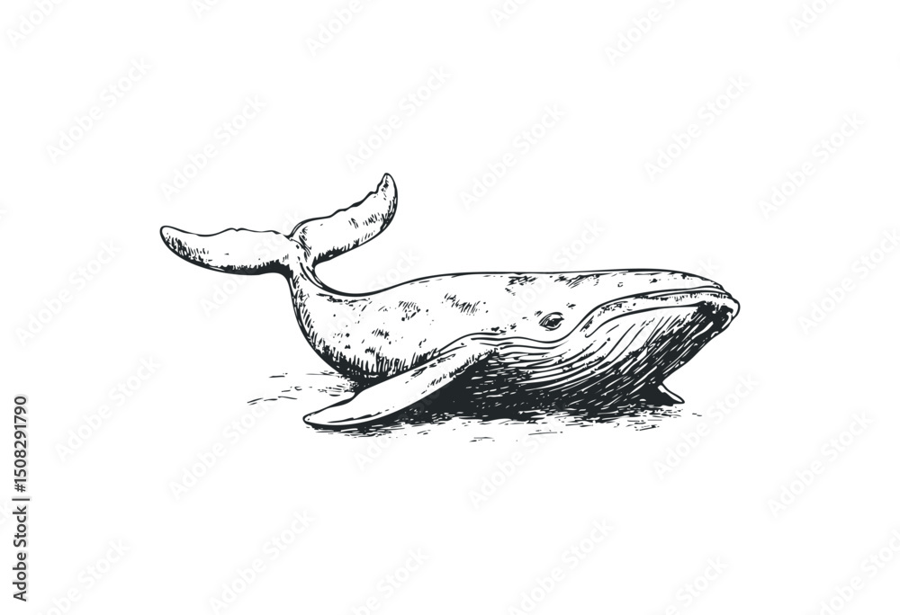 Obraz premium Vintage line drawing of a whale with detailed tail and fins. Vector retro hand drawn illustration