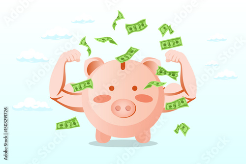 Strong pink piggy bank with muscle arms and flying wings ready to fight for business profit, strong financial health, success personal finance strategy or money power and growth investment concept