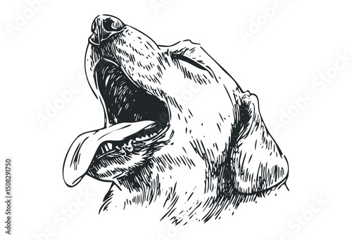 Illustration of a barking dog with tongue out in black and white sketch style. Vector retro hand drawn illustration