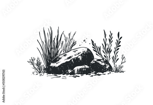 Monochrome nature scene with rocks and wild plants. Vector retro hand drawn illustration