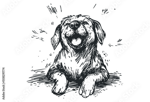 Joyful sketch of a lying dog with tongue out. Vector retro hand drawn illustration