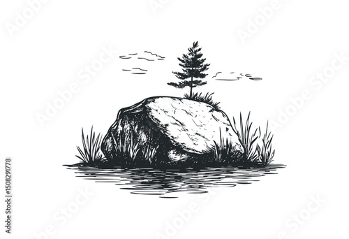 Monochrome sketch of a lone tree on a rock by a tranquil water body. Vector retro hand drawn illustration