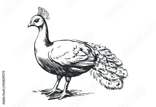 Detailed black and white illustration of a majestic peacock in profile. Vector retro hand drawn illustration