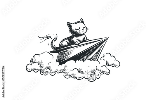 Adventurous cat flying on a paper airplane among clouds. Vector retro hand drawn illustration