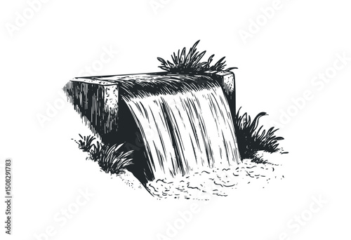 Nature-inspired waterfall illustration with lush foliage and cascading water. Vector retro hand drawn illustration