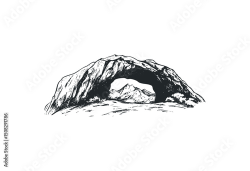 Scenic mountain view through natural rock archway. Vector retro hand drawn illustration