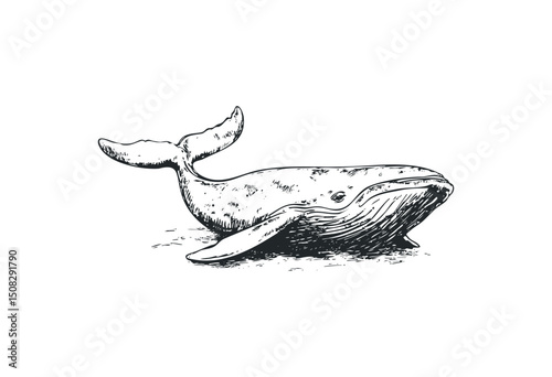 Vintage line drawing of a whale with detailed tail and fins. Vector retro hand drawn illustration