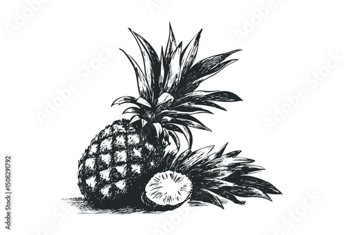 Vintage hand-drawn pineapple with halved fruit illustration. Vector retro hand drawn illustration