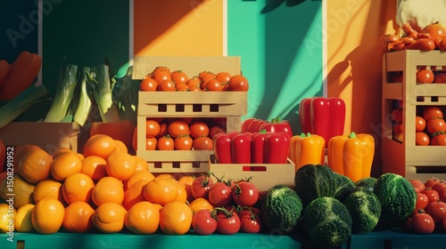 Colorful produce including oranges peppers and tomatoes displayed at a market stall.