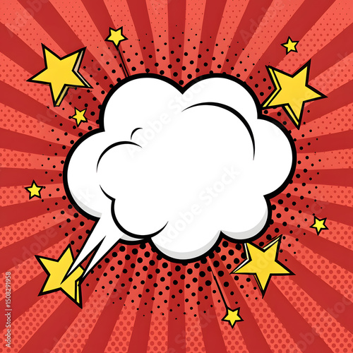 Dynamic Comic Book Style Background with Speech Bubble and Stars Featuring Red Radial Lines and Halftone Dots Perfect for Retro or Pop Art Themed Designs and Creative Projects