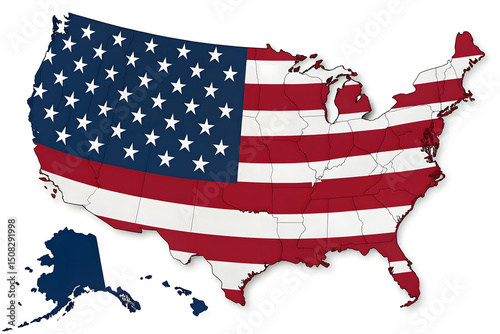 United States of America Map with Flag Design a Patriotic Symbol of National Pride and Unity Illustrating the Country s Borders and Identity on a White Background