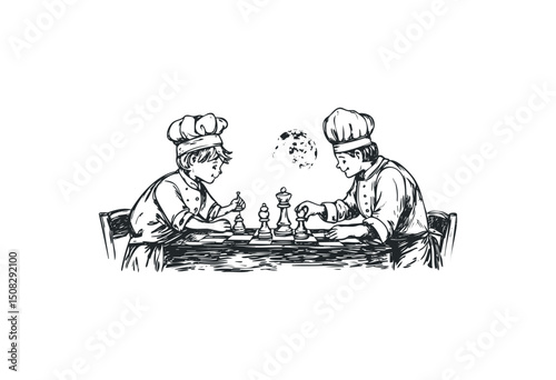 Two young male chefs playing chess at a table in monochrome illustration. Vector retro hand drawn illustration