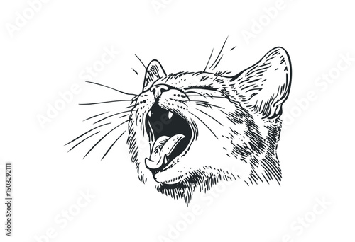 Detailed sketch of yawning cat with whiskers and open mouth. Vector retro hand drawn illustration
