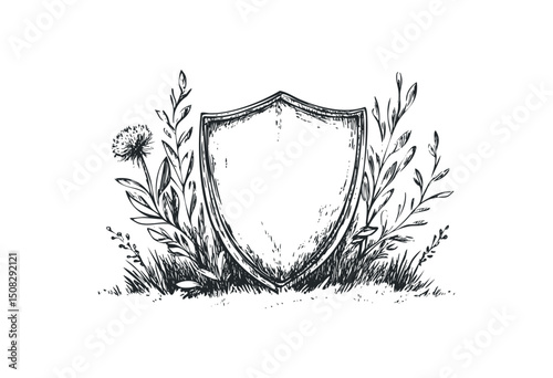 Shield with botanical elements sketch featuring flowers and leaves. Vector retro hand drawn illustration