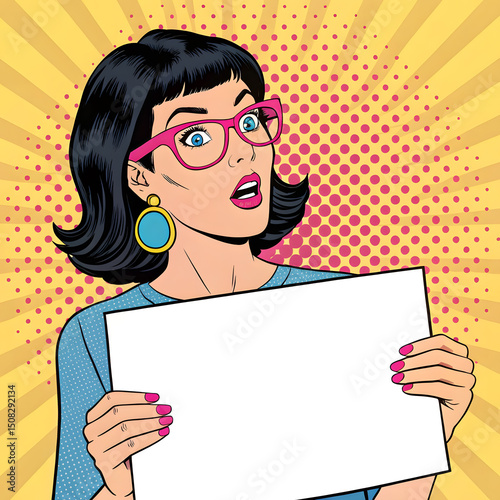 Pop Art Woman Holding Blank Sign with Surprised Expression Retro Comic Book Style Illustration for Advertising Announcement Promotion or Graphic Design with Space for Text or Image