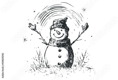 Joyful snowman with scarf and hat in winter scene. Vector retro hand drawn illustration