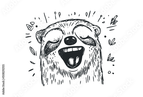 Cheerful sloth face with expressive eyes sketched in black and white. Vector retro hand drawn illustration