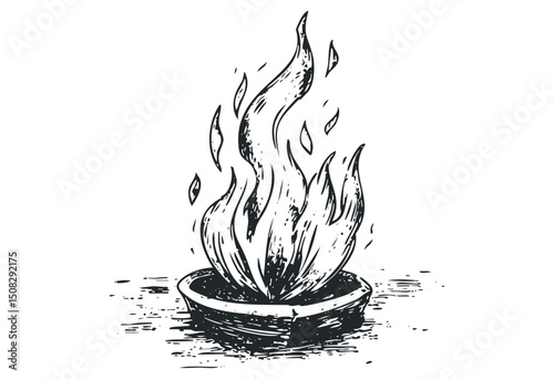Hand-drawn stylized fire in bowl with flames and ashes. Vector retro hand drawn illustration