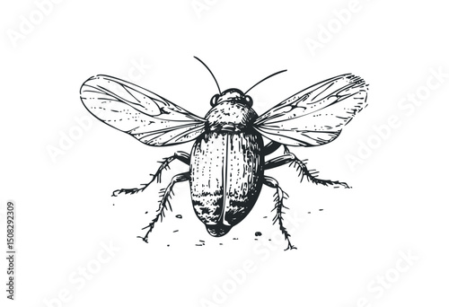Detailed sketch of a fly with outstretched wings. Vector retro hand drawn illustration