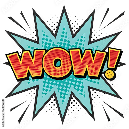 Comic Book Style Wow Expression with Halftone Pattern and Burst Retro Pop Art Design Element for Graphic Design Isolated on White Background with Dynamic Lines