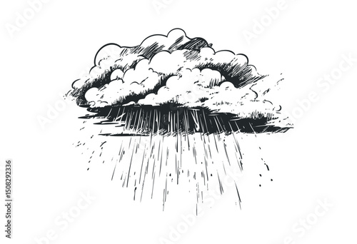 Engraved illustration of a rainy cloud with heavy showers. Vector retro hand drawn illustration