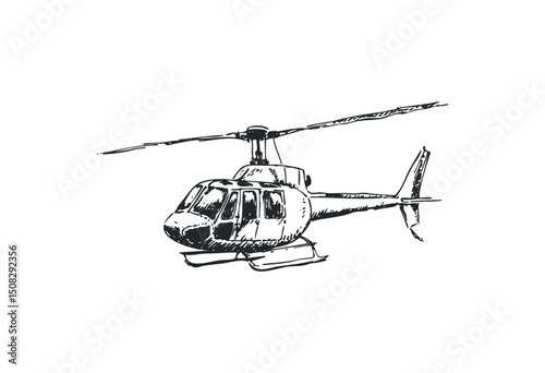 Detailed hand-drawn helicopter sketch illustration with precision and artistry. Vector retro hand drawn illustration