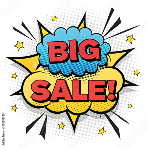 Bold Comic Book Style Big Sale Announcement with Cloud and Star Accents Perfect for Retail Promotions and Eye Catching Marketing Campaigns with a Retro Pop Art Vibe