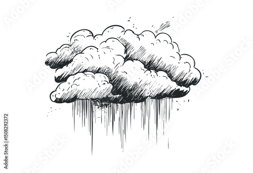 Hand-drawn cloud sketch with raindrops. Vector retro hand drawn illustration