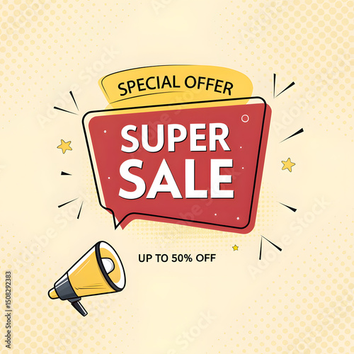 Eye Catching Super Sale Announcement with Megaphone and Comic Style Design Featuring Special Offer and Up to 50 Percent Off for Marketing and Promotional Campaigns