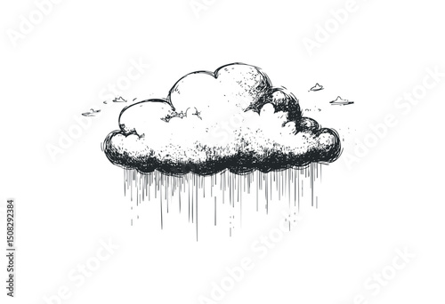 Hand-drawn rain cloud with dripping lines and small birds. Vector retro hand drawn illustration