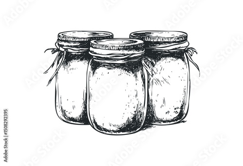 Hand-drawn sketch of three mason jars with lids and ribbons. Vector retro hand drawn illustration