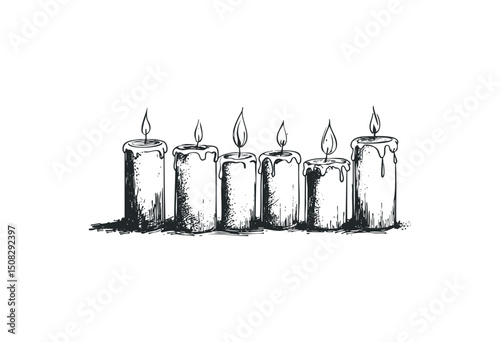 Hand-drawn burning candles in line art style with rustic textures. Vector retro hand drawn illustration
