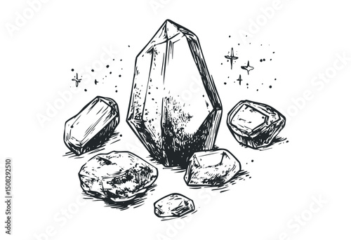 Hand-drawn gemstones: crystals and minerals in line art style. Vector retro hand drawn illustration