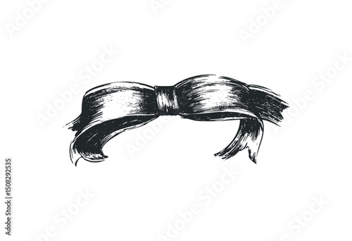 Vintage ribbon bow illustration in black and white artistic style. Vector retro hand drawn illustration