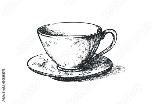 Vintage sketch of a teacup and saucer with floral design. Vector retro hand drawn illustration