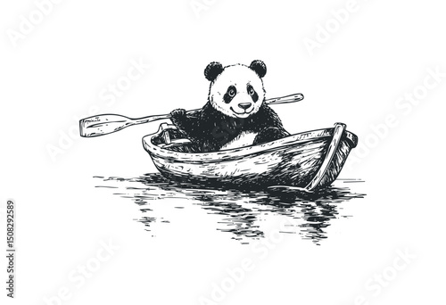 Panda rowing a boat: monochrome sketch of adorable bear in watercraft. Vector retro hand drawn illustration