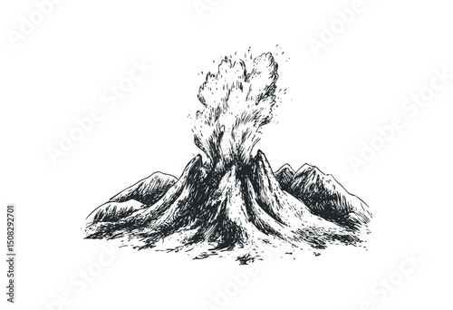 Erupting volcano with smoke and ash emission. Vector retro hand drawn illustration