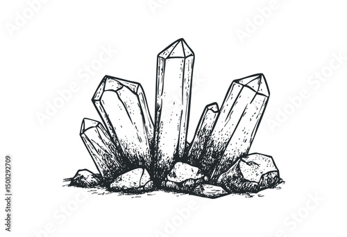 Intricate hand-drawn crystal formation with rocks. Vector retro hand drawn illustration